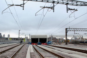 OHLE installed above Elizabeth line tracks heading down towards Pudding Mill Lane