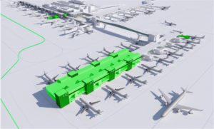 Artist’s impression of Gatwick’s Pier 6  shows the proposed new extension to the west of the pier, more than doubling its size compared to today, and also highlighting other aspects of the project including the position of the new A380 stand on Pier 5, and the widened taxiway which will enable the A380 to move between the pier and the runway.