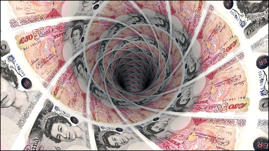 Background from british pound banknotes in perspective view