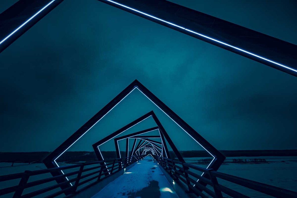 The High Trestle Trail Bridge over the Des Moines River Valley between Woodward and Madrid in Central Iowa, United States.